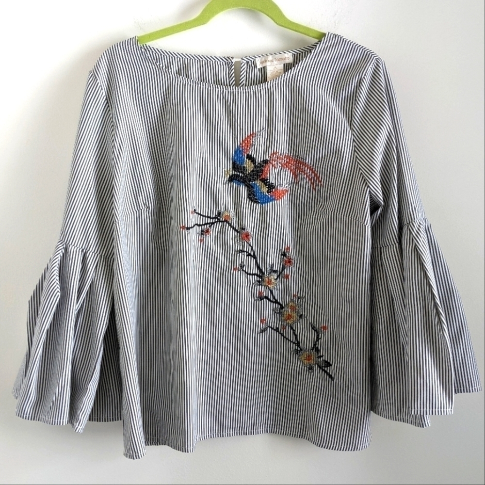 JEALOUS Tomato Bell Sleeve Pinstripe Embroidered Top XL